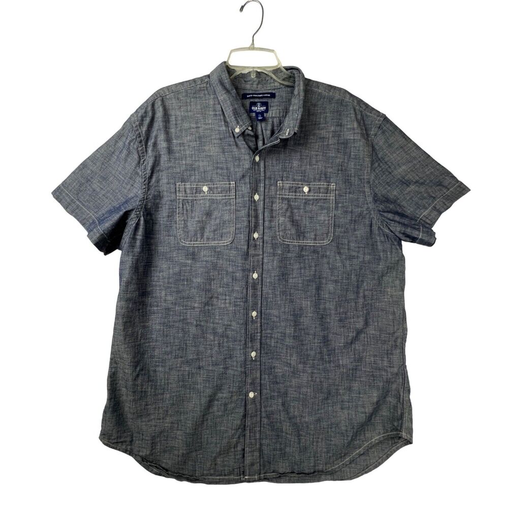 OLD NAVY Mens XXL Blue Chambray Shirt Slim Fit Cotton Short Sleeve Button Up